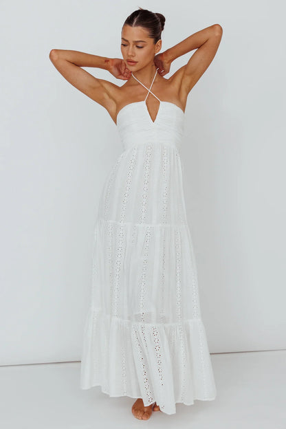 White Maxi Dress with Halter Eyelet Tiered