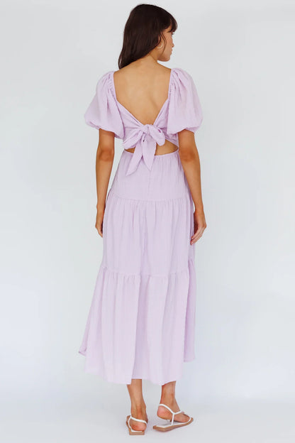 Lilac Midi Dress with Puff Sleeve Button Front