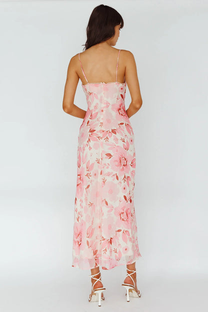 Pink Floral Midi Dress with Cami Strap V-Neck