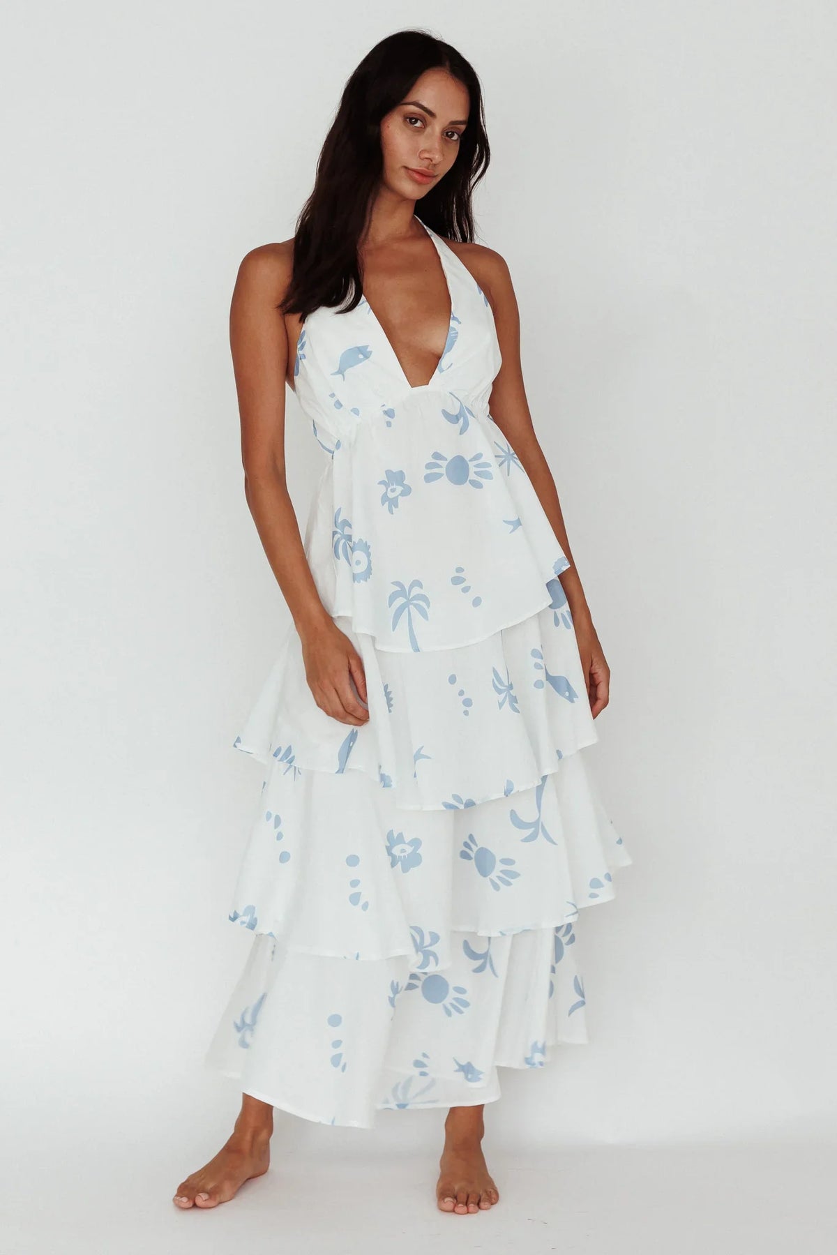 White Blue Print Maxi Dress with Halter Tiered Ruffle