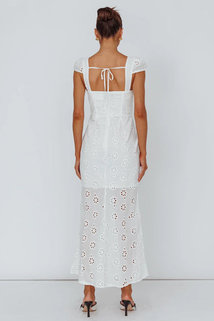 White Midi Dress with Eyelet Cap Sleeve Sweetheart