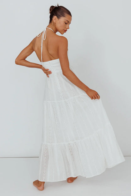 White Maxi Dress with Halter Eyelet Tiered