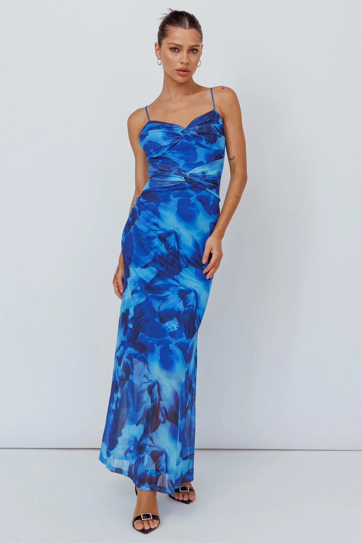 Blue Floral Maxi Dress with Twist Front Cami Strap