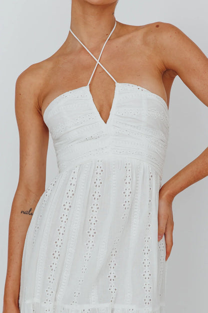 White Maxi Dress with Halter Eyelet Tiered