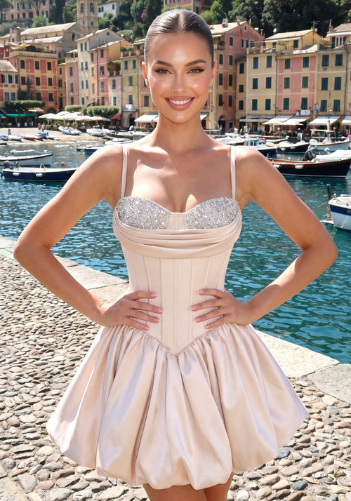Spaghetti Strap Sequin Bustier Bubble Ivory Mini Dress