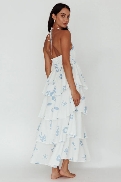 White Blue Print Maxi Dress with Halter Tiered Ruffle