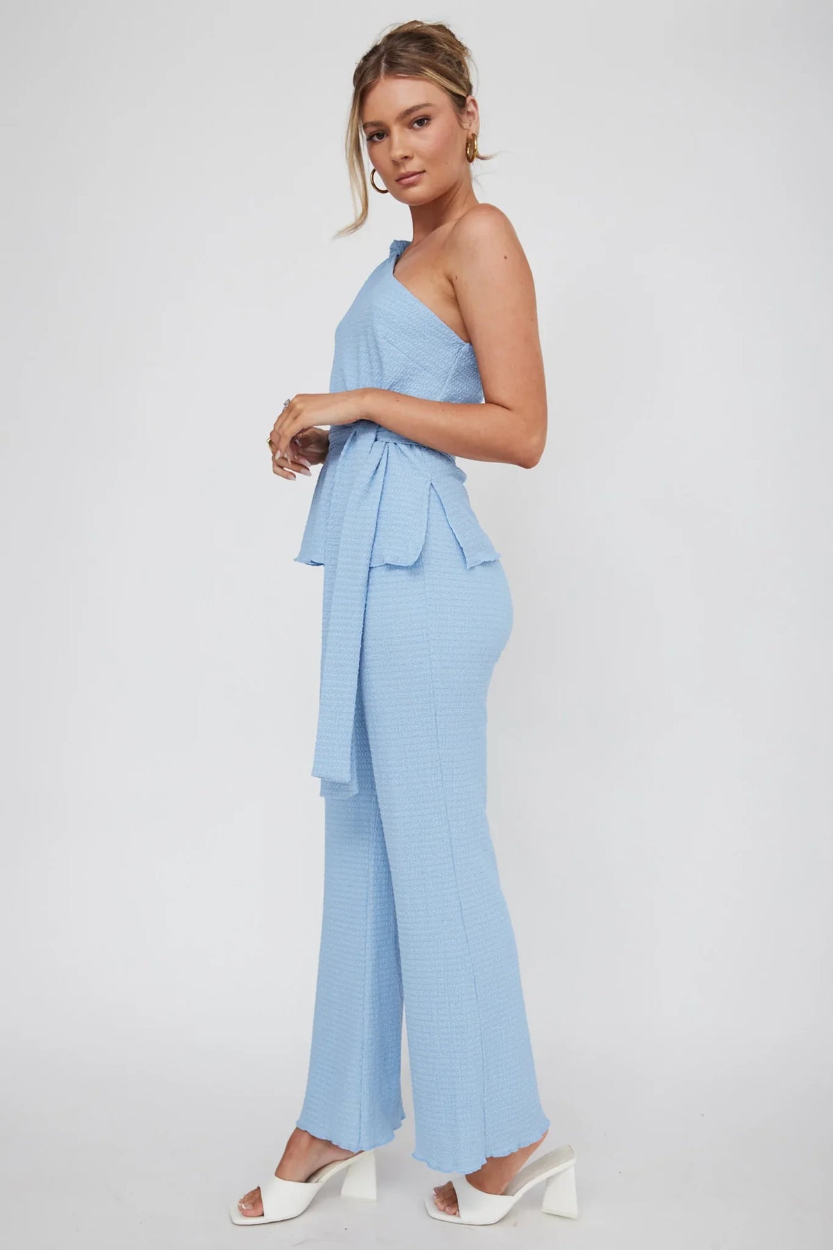 Blue Textured Pants with Wide Leg Silhouette