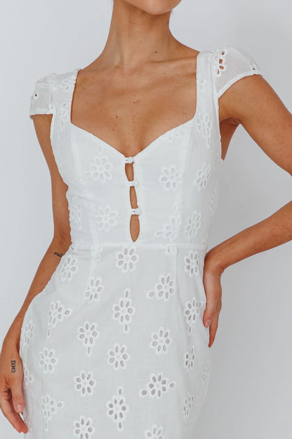 White Midi Dress with Eyelet Cap Sleeve Sweetheart