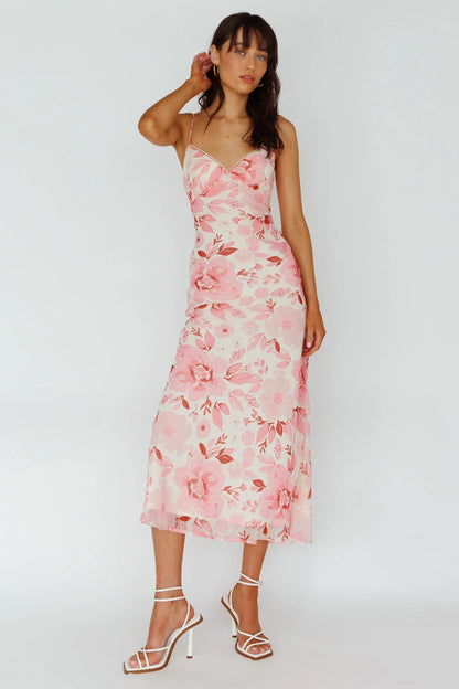 Pink Floral Midi Dress with Cami Strap V-Neck