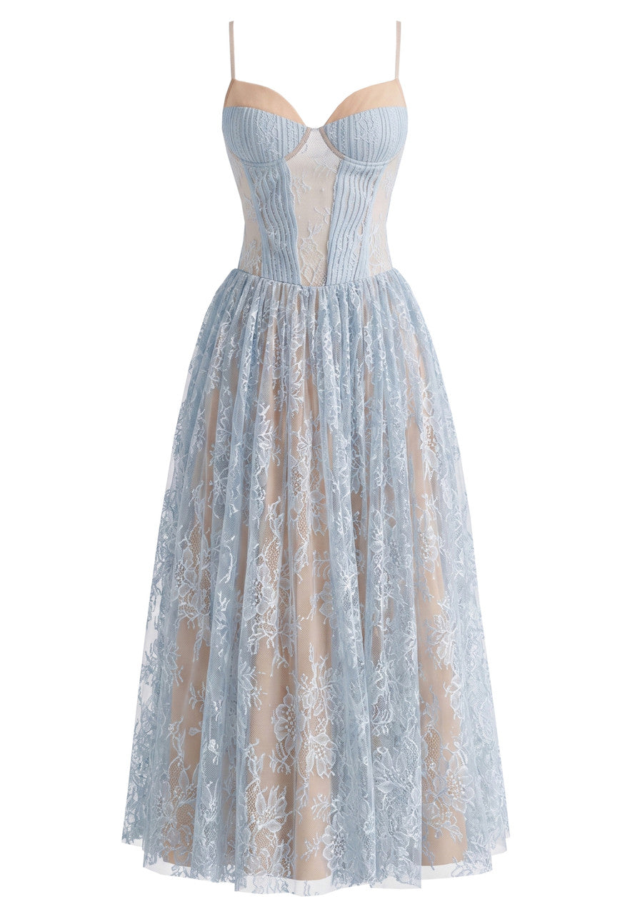 Halter Lace Bustier A Line Maxi Dress Blue