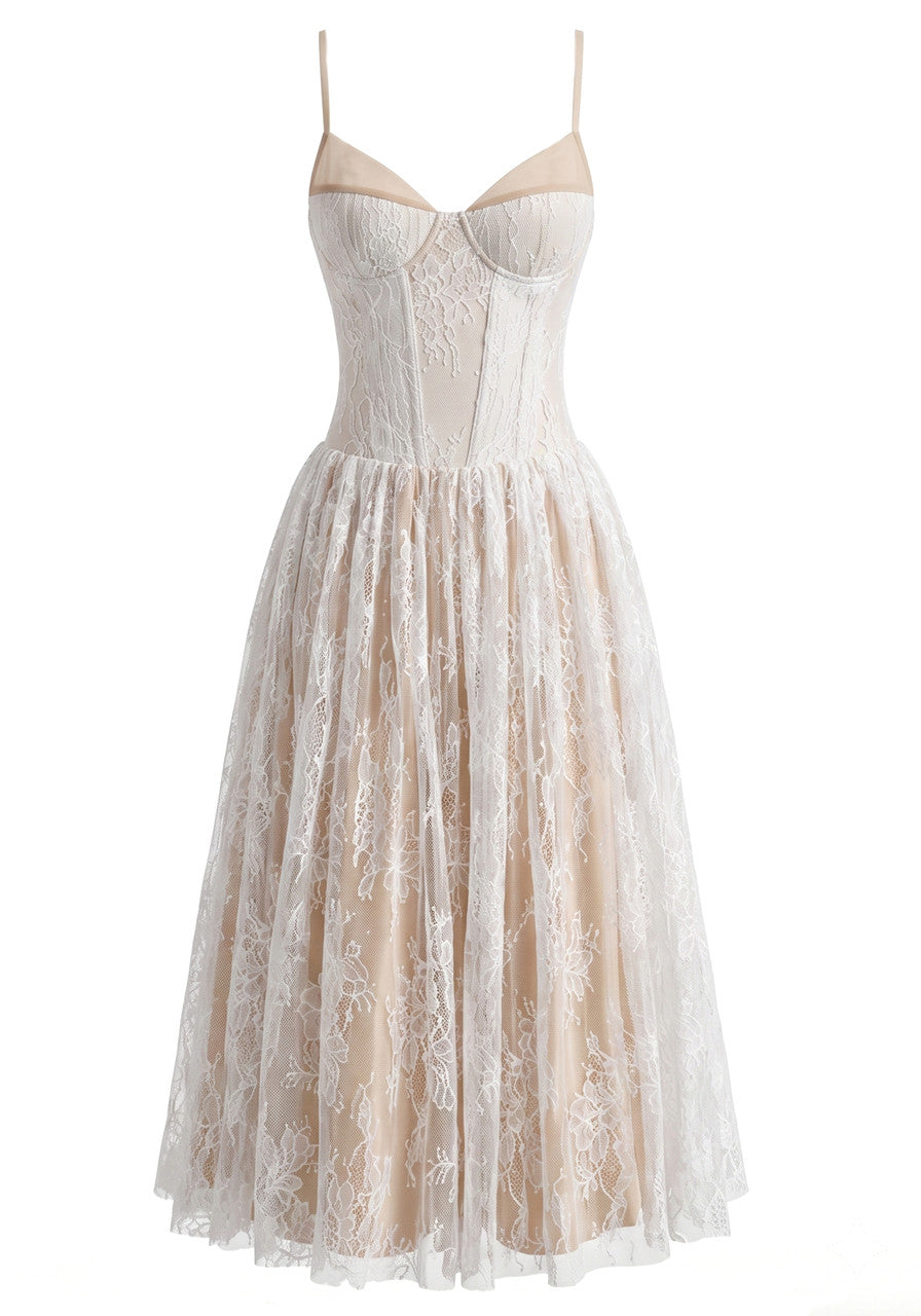 Halter Lace Bustier A Line Maxi Dress White
