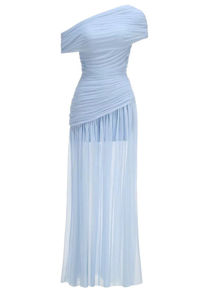 Draped One Shoulder Bardot Maxi Dress Blue