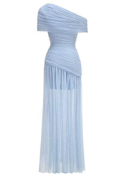 Draped One Shoulder Bardot Maxi Dress Blue